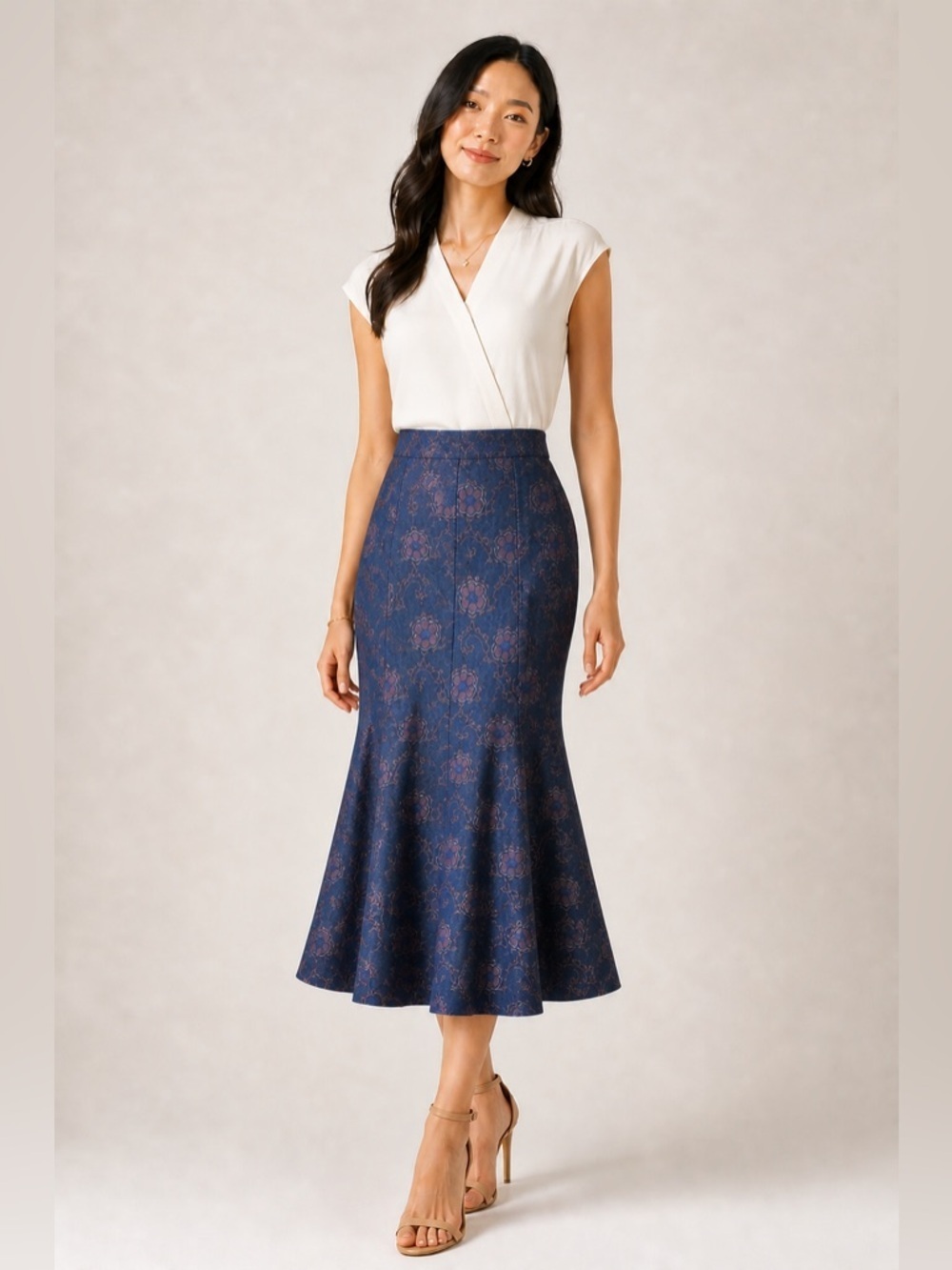 Japanese Boutique Brand 3D Floral Embroidered Denim silhouette Midi Skirt 4
